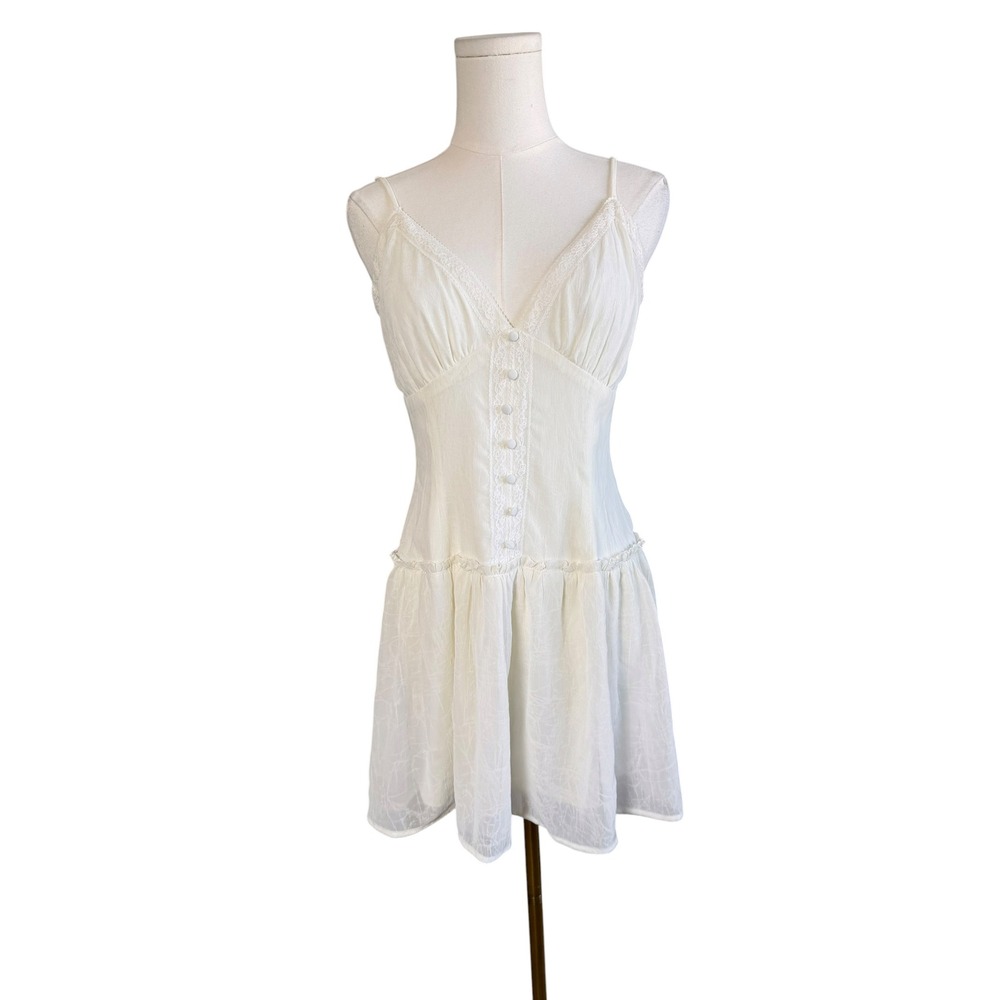 Wild Fable White Lace Trim Button Front Smocked Mini Dress Size M